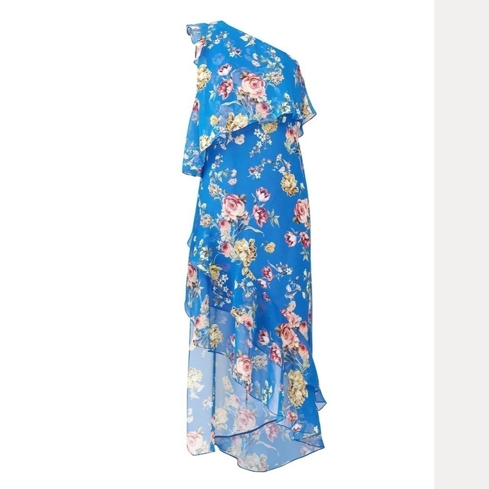 Slate & Willow Blue Floral Maxi Asymmetrical One Shoulder Ruffle Dress